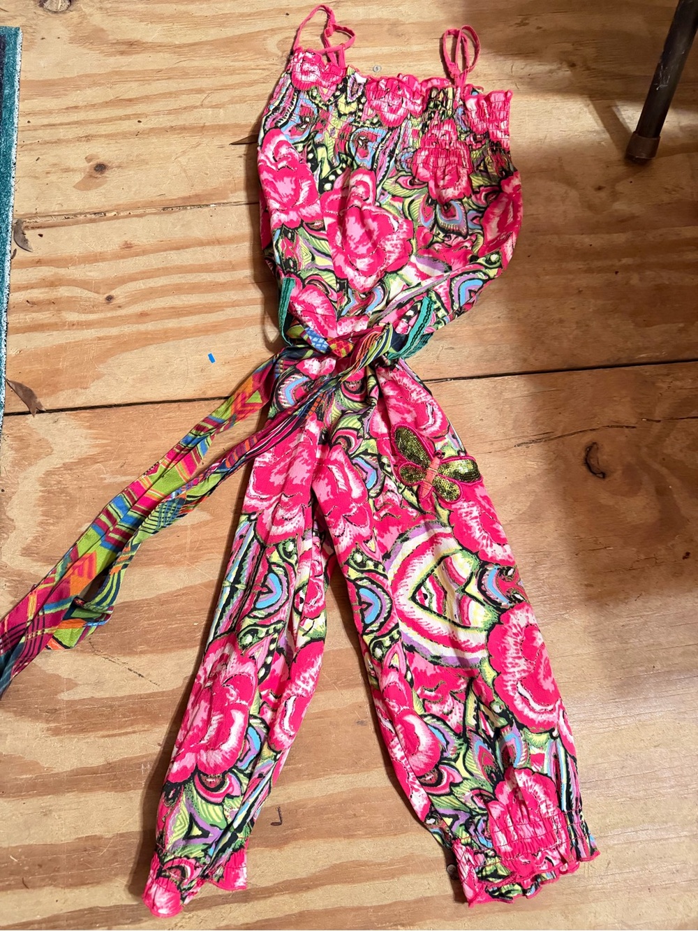 Kids Floral Pink Tie-Waist Jumpsuit